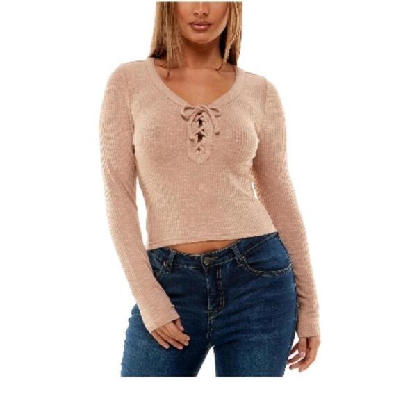 Crave Fame Juniors Lace-Up Cropped Top,Warm Taupe, Large, shirt long sleeve L… - Picture 4 of 4